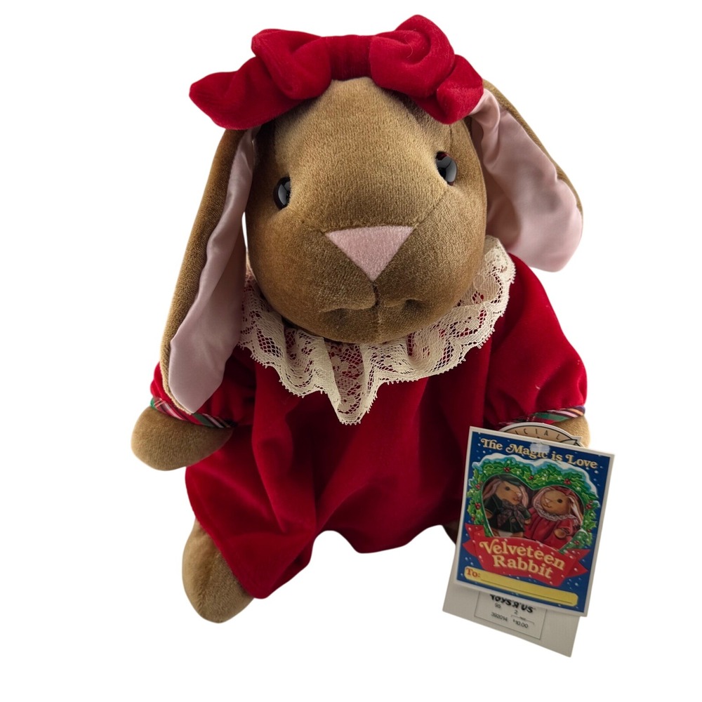 Toys R Us Velveteen Rabbit Plush 1985 Vintage NWT Brown Red Velvet Dress 10" Toy